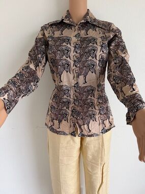 Beige Button-Down Shirt with Black Zebra Print